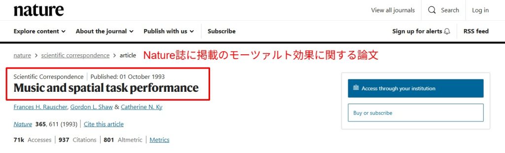 Nature誌に掲載されたモーツァルト効果に関する論文（1993年）