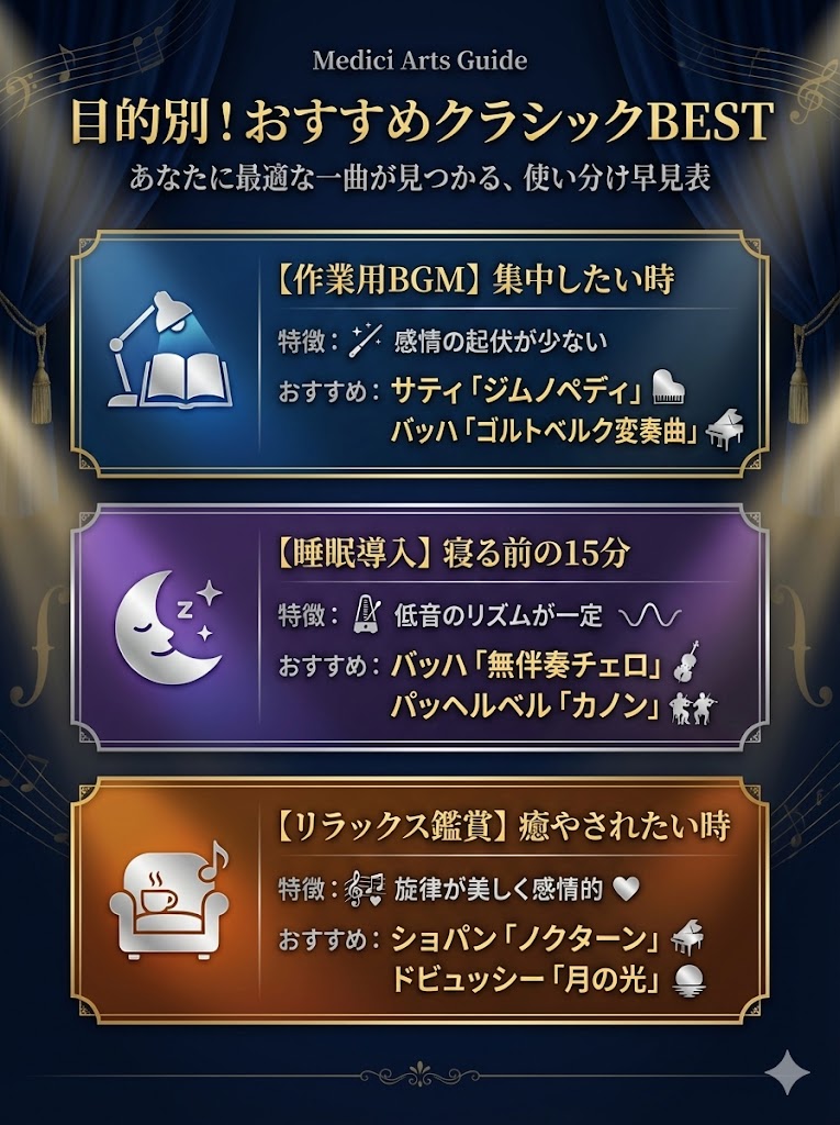 目的別おすすめクラシック音楽の早見表。作業用にはサティやバッハ、睡眠用にはチェロやカノン、リラックス鑑賞にはショパンやドビュッシーが最適。