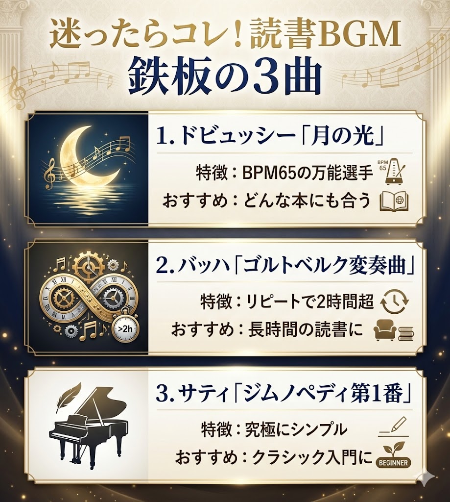 読書BGMにおすすめの鉄板クラシック3曲。ドビュッシー「月の光」、バッハ「ゴルトベルク変奏曲」、サティ「ジムノペディ第1番」の特徴まとめ。