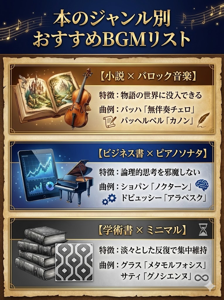 本のジャンル別おすすめクラシックBGMリスト。小説にはバロック、ビジネス書にはピアノソナタ、学術書にはミニマル・ミュージックが最適。