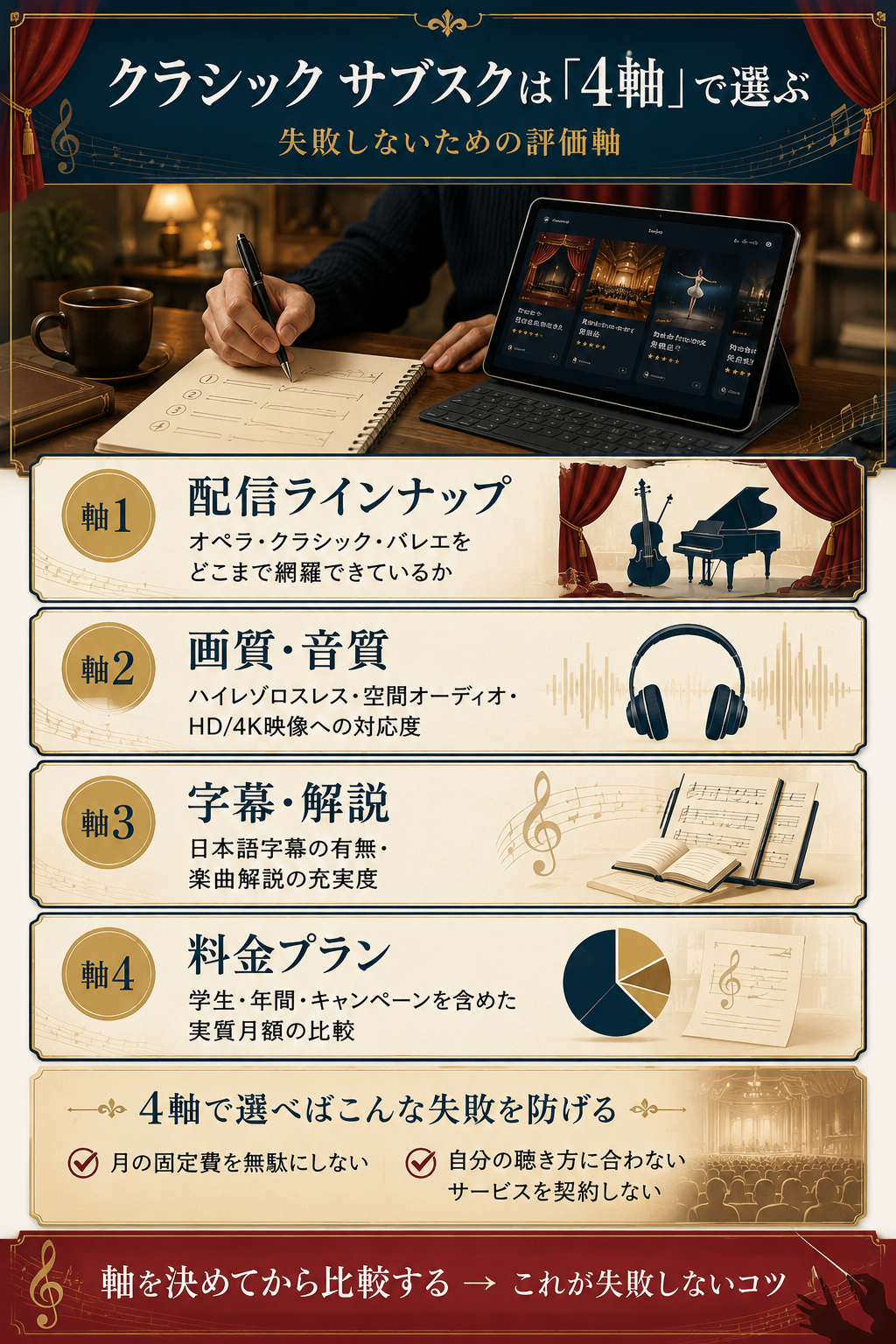 クラシック サブスク選びの4軸評価(ラインナップ・画質音質・字幕解説・料金プラン)