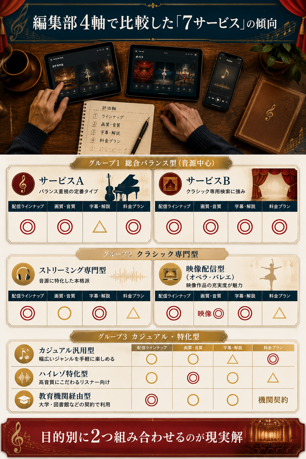 クラシック サブスク7サービスの傾向比較(総合バランス型・専門型・カジュアル型)