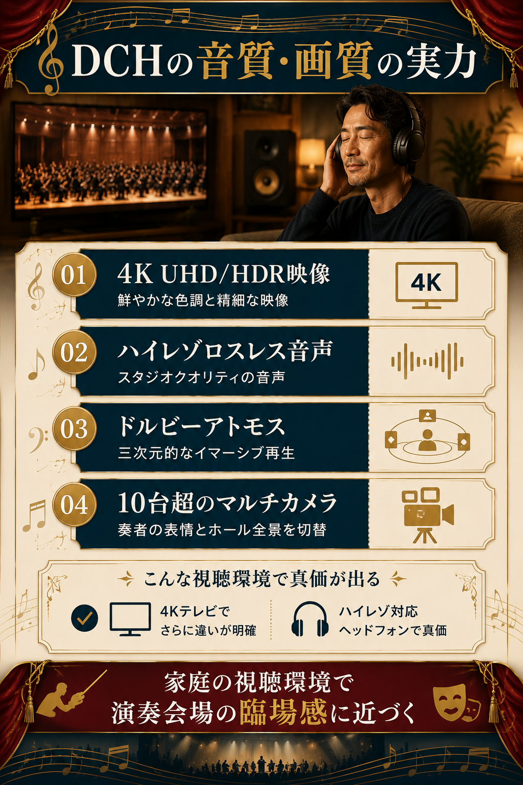 DCHの音質・画質仕様(4K UHD/HDR・ハイレゾロスレス・ドルビーアトモス・マルチカメラ)を4特徴に整理した図解