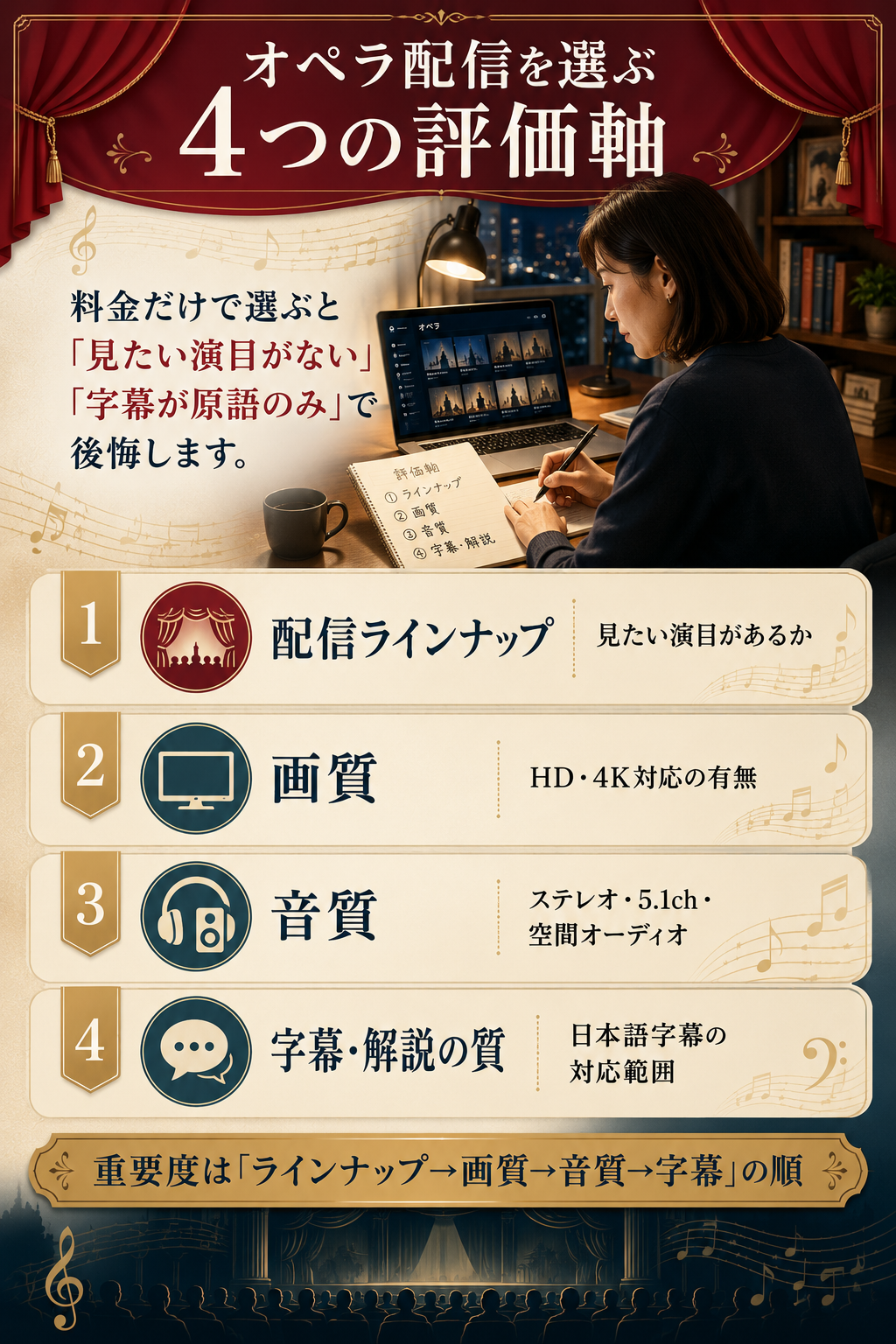 オペラ配信を選ぶ4つの評価軸(配信ラインナップ・画質・音質・字幕)の整理図解