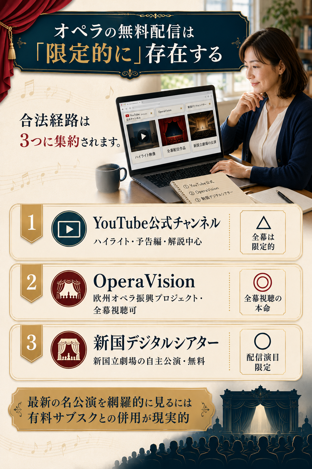 オペラの無料配信3経路(YouTube公式・OperaVision・新国デジタルシアター)の特徴と評価を整理した図解