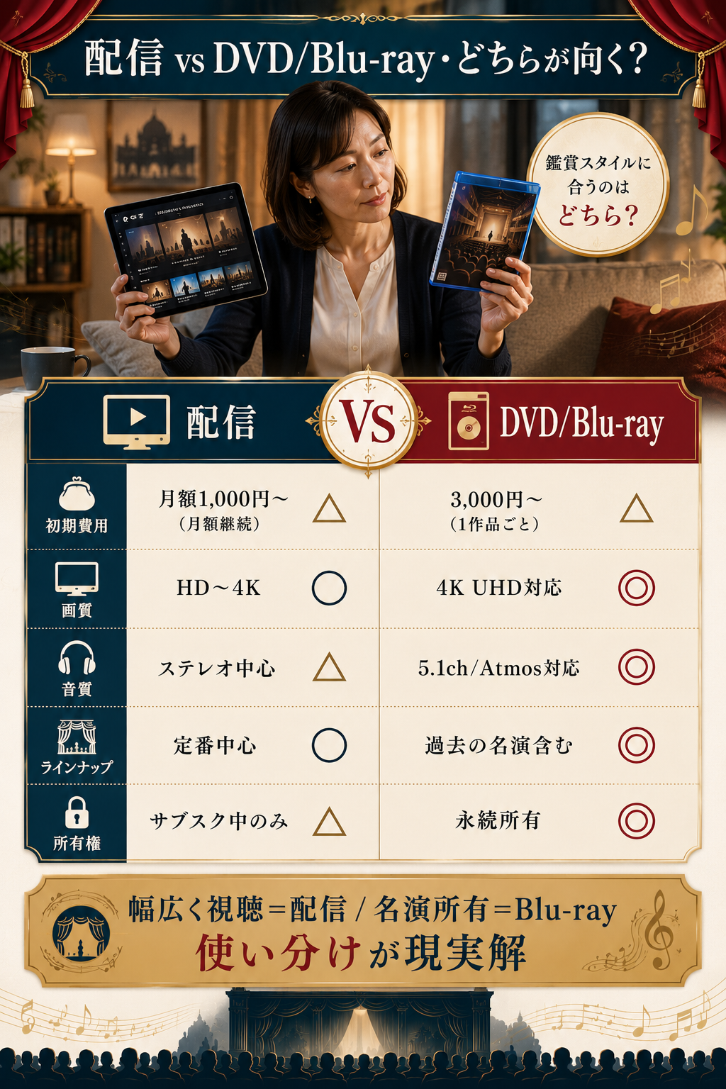 配信とDVD/Blu-rayの5観点比較表・幅広く視聴は配信/名演所有はBlu-rayの使い分け図解