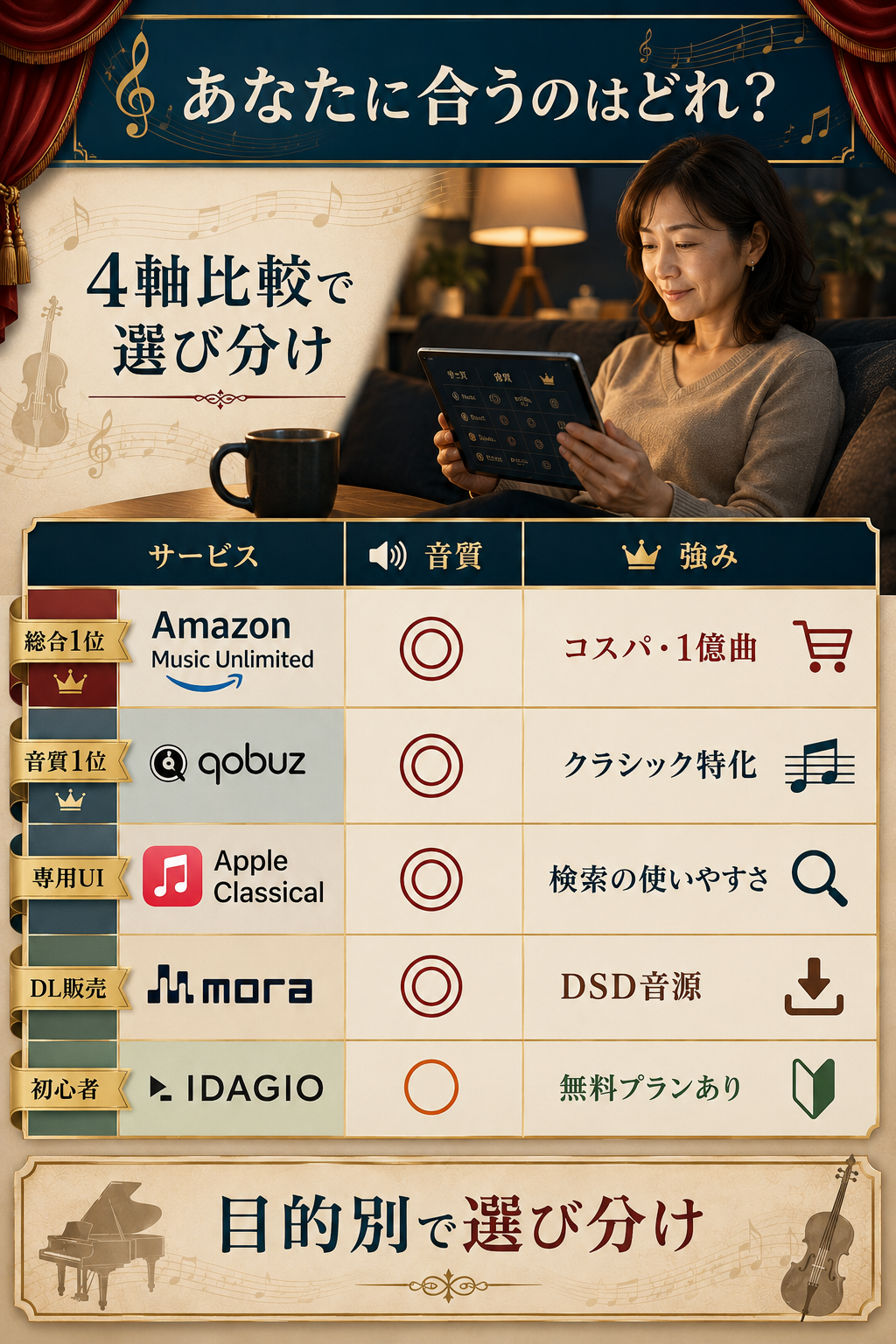 ハイレゾクラシック配信主要5サービスを音質・料金・ラインナップ・UI使いやすさの4軸で比較した一覧表