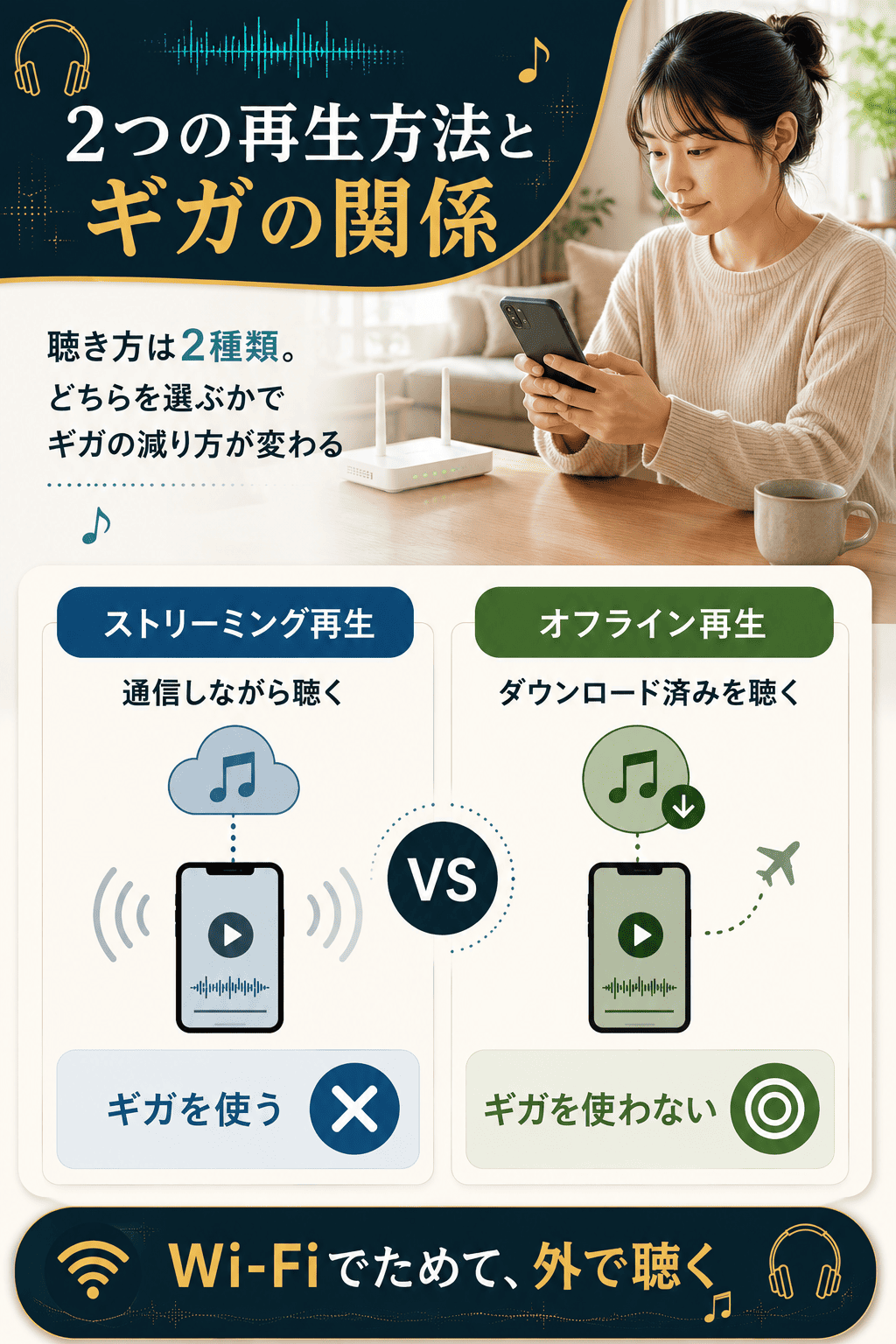 ストリーミング再生とオフライン再生でギガの減り方が違うことを示した対比図