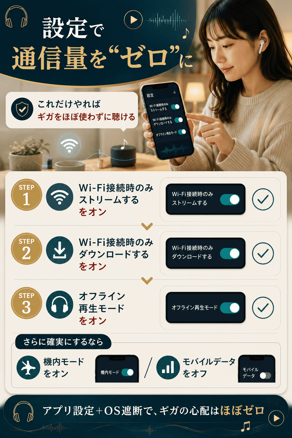 通信量をゼロにするためのアプリ設定を3ステップで示した図