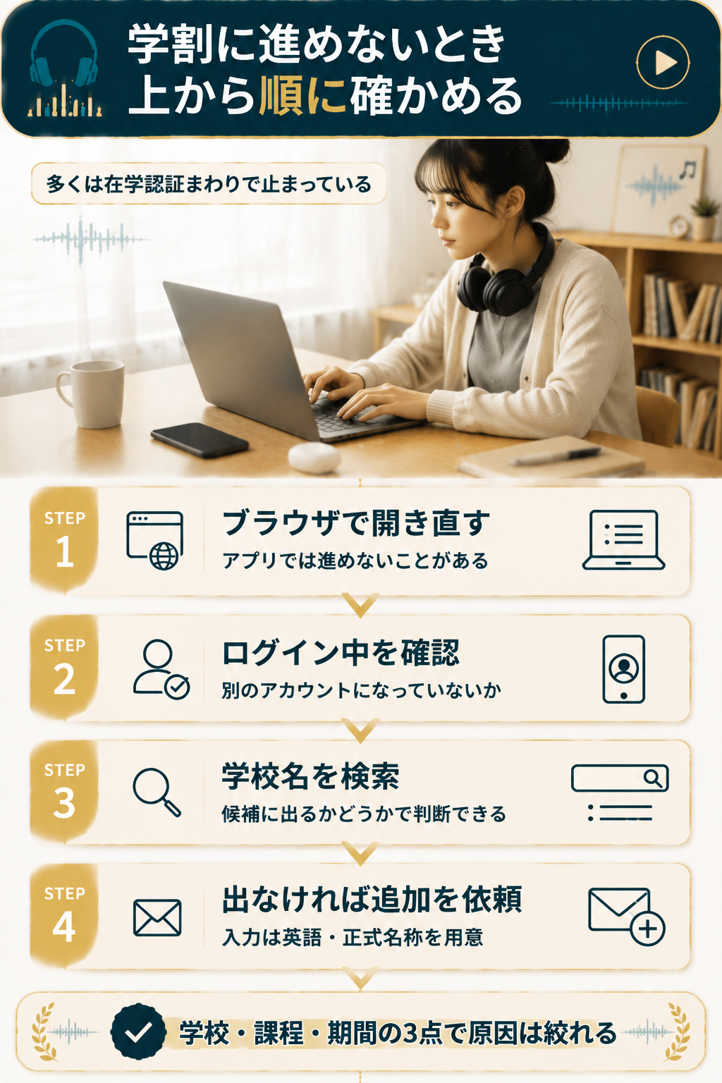 Amazon Music学割の登録が進まないときの確認手順の図
