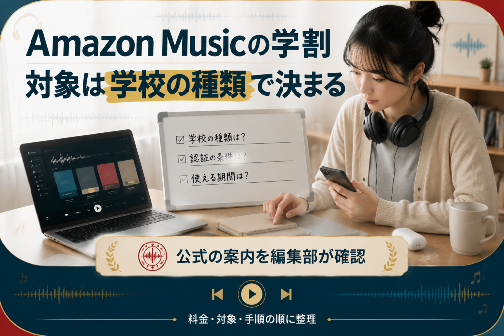 Amazon Musicの学割の対象と流れを示したアイキャッチ図解