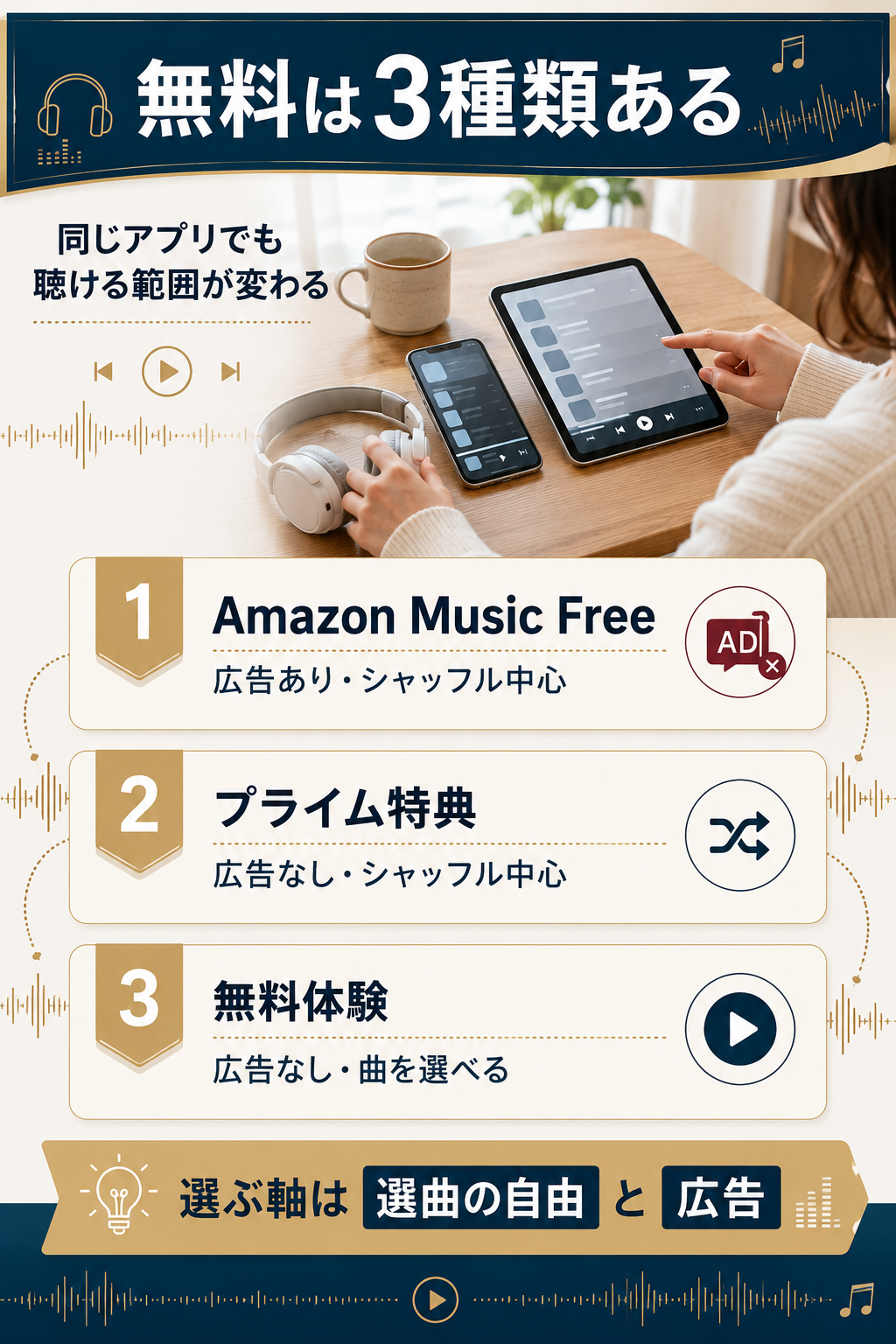 Amazon Musicの無料3種類と聴き方の違いを並べて整理した図