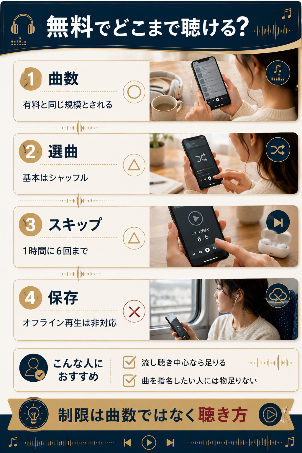 Amazon Music Freeの曲数と選曲やスキップの制限をまとめた図