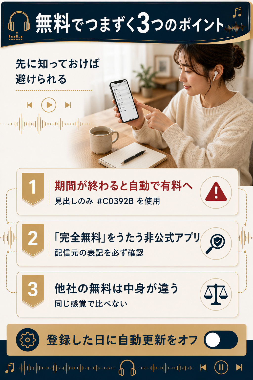 無料で使うときにつまずきやすい3つの注意点を整理した図