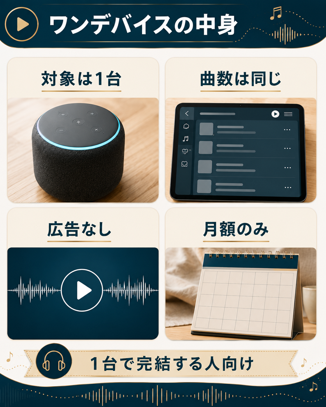 対象端末と曲数と広告と支払い方法の4項目でプランの中身を整理した図解