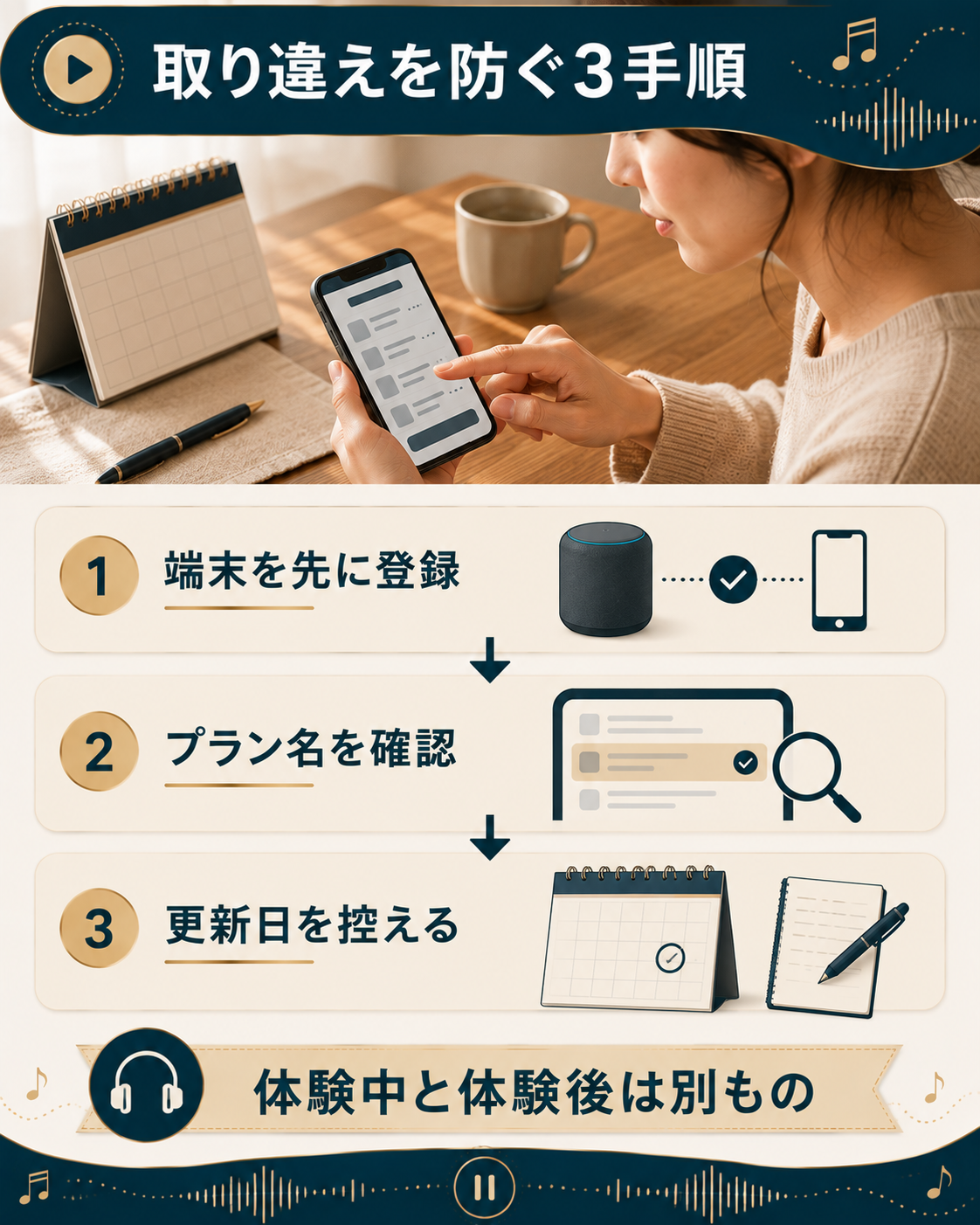 端末登録からプラン確認と更新日の控えまでを三段で示した手順の図解