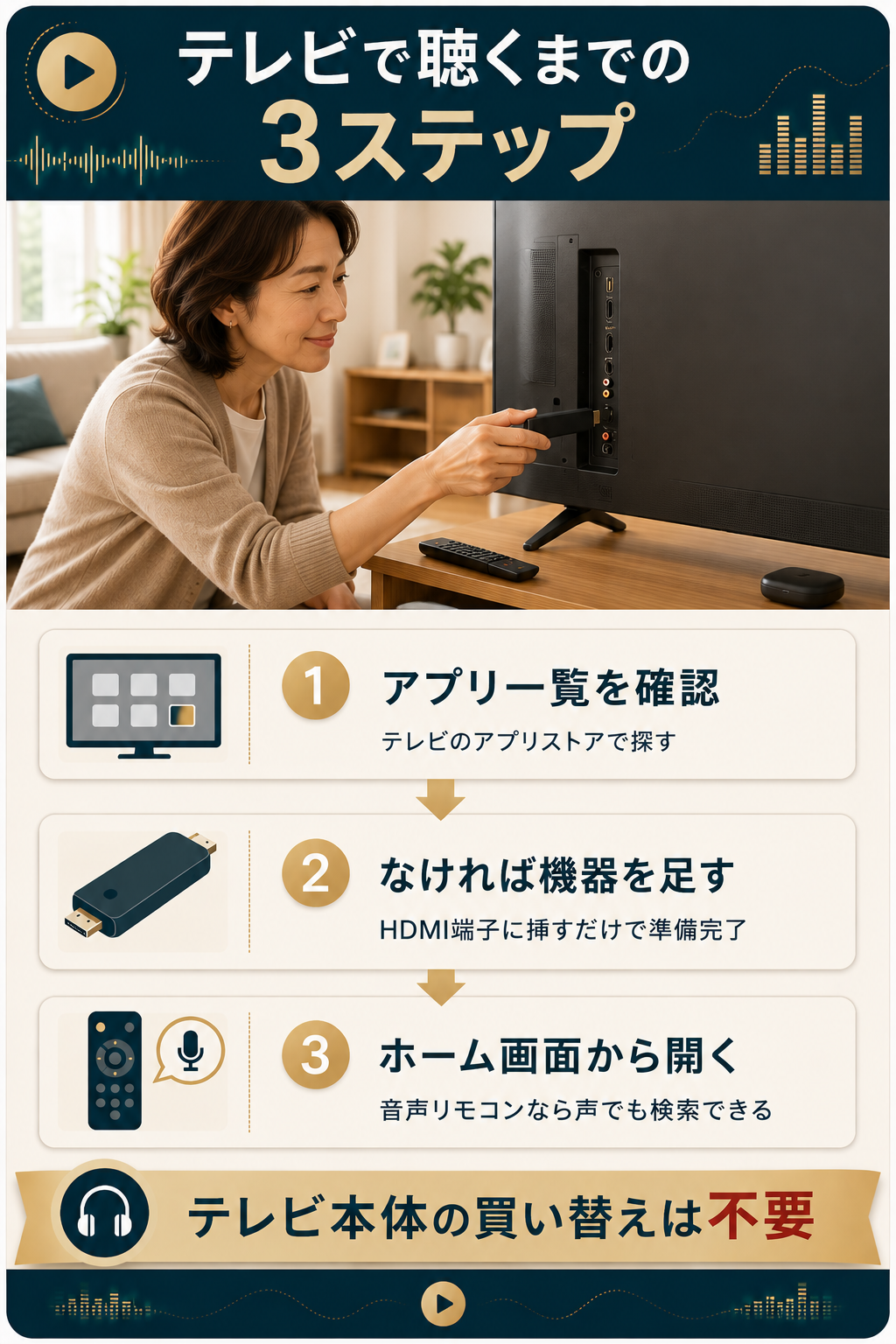 テレビでAmazon Musicを再生するまでの3ステップの図解