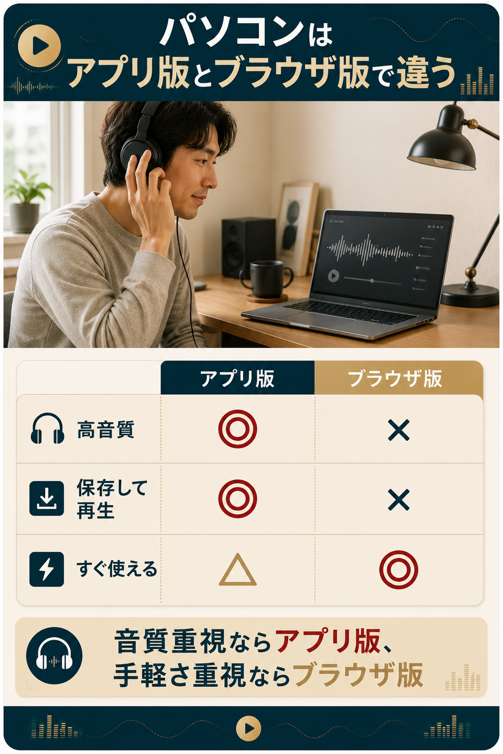 パソコンのアプリ版とブラウザ版の機能差を示す比較図