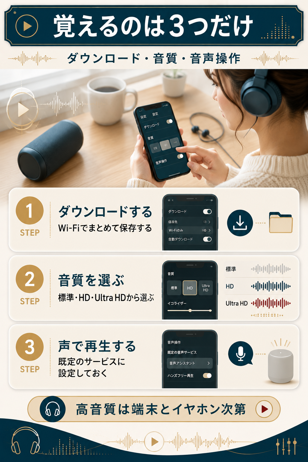 ダウンロード・音質・音声操作の3手順の図