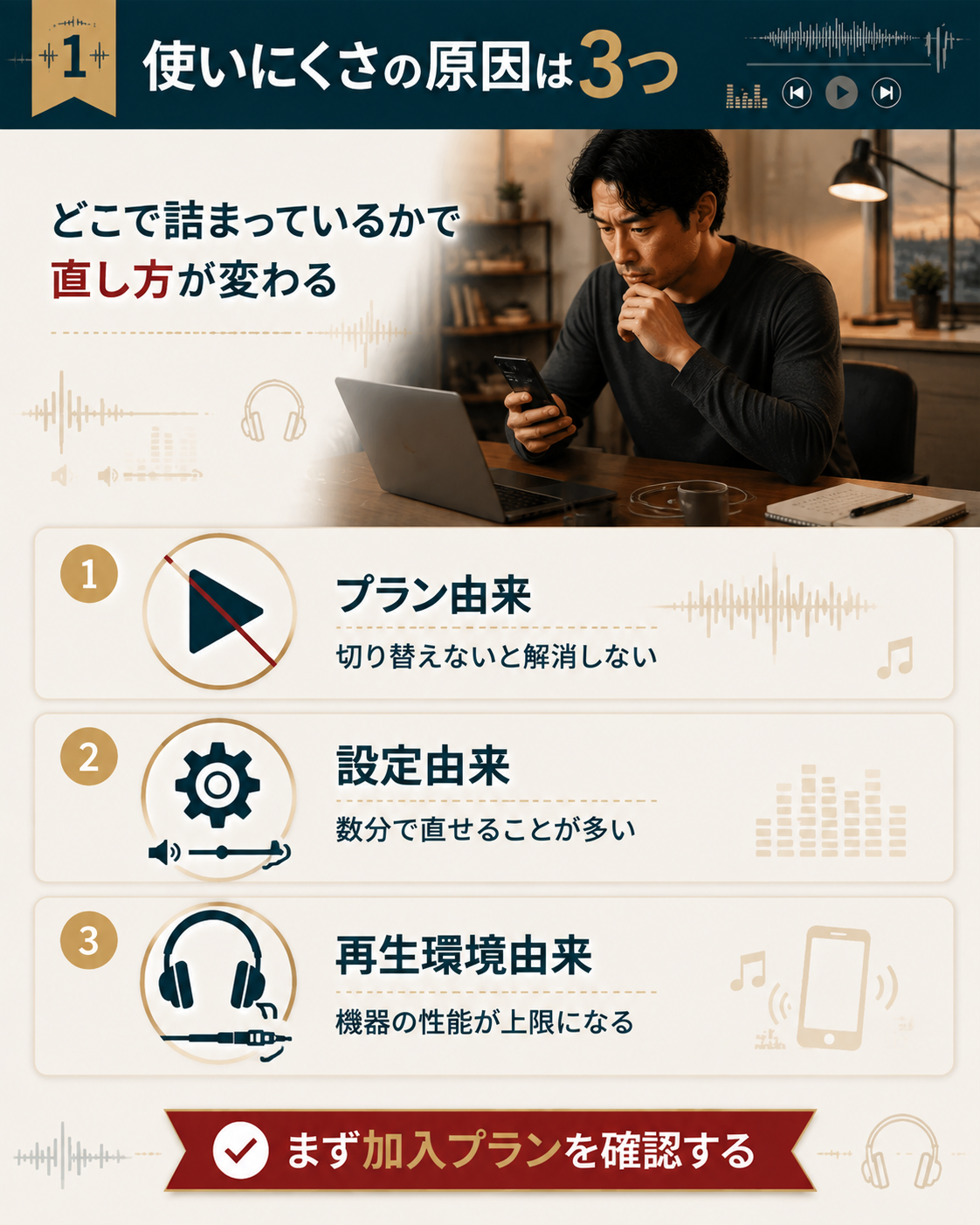 使いにくさをプラン・設定・再生環境の3つに分けた整理図