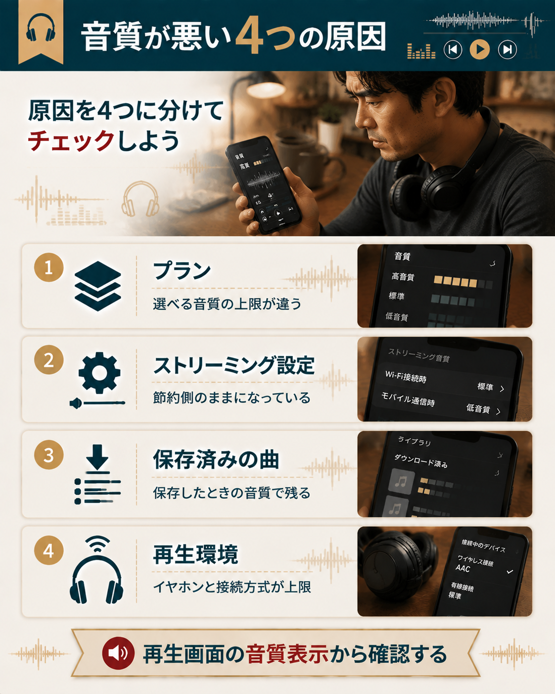 音質が悪いと感じる4つの原因を並べた解説図
