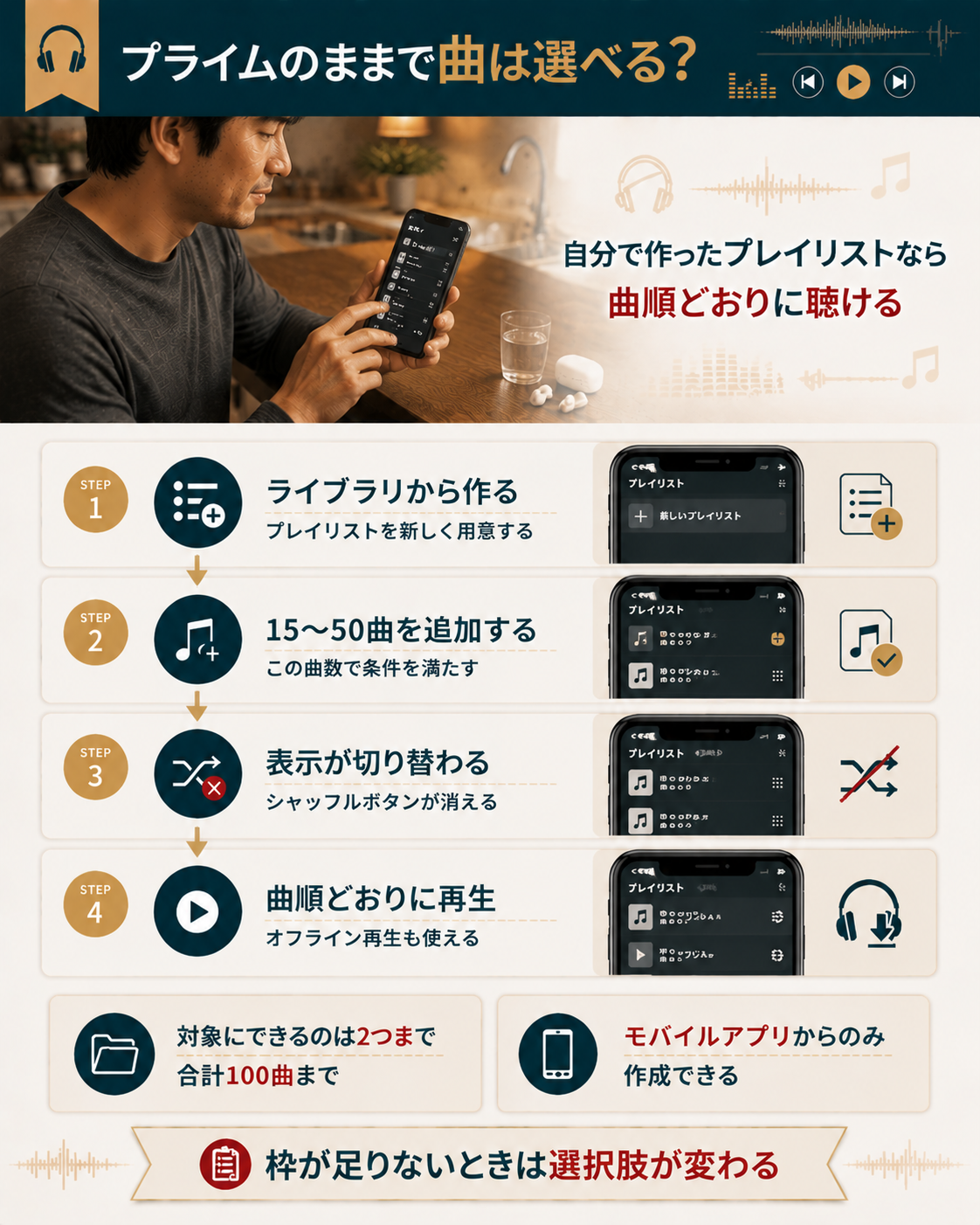 曲を選んで再生できる状態にするまでの4ステップ図
