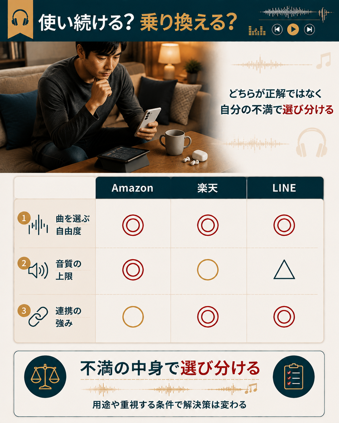 3つの音楽配信サービスを3つの軸で比べた比較図