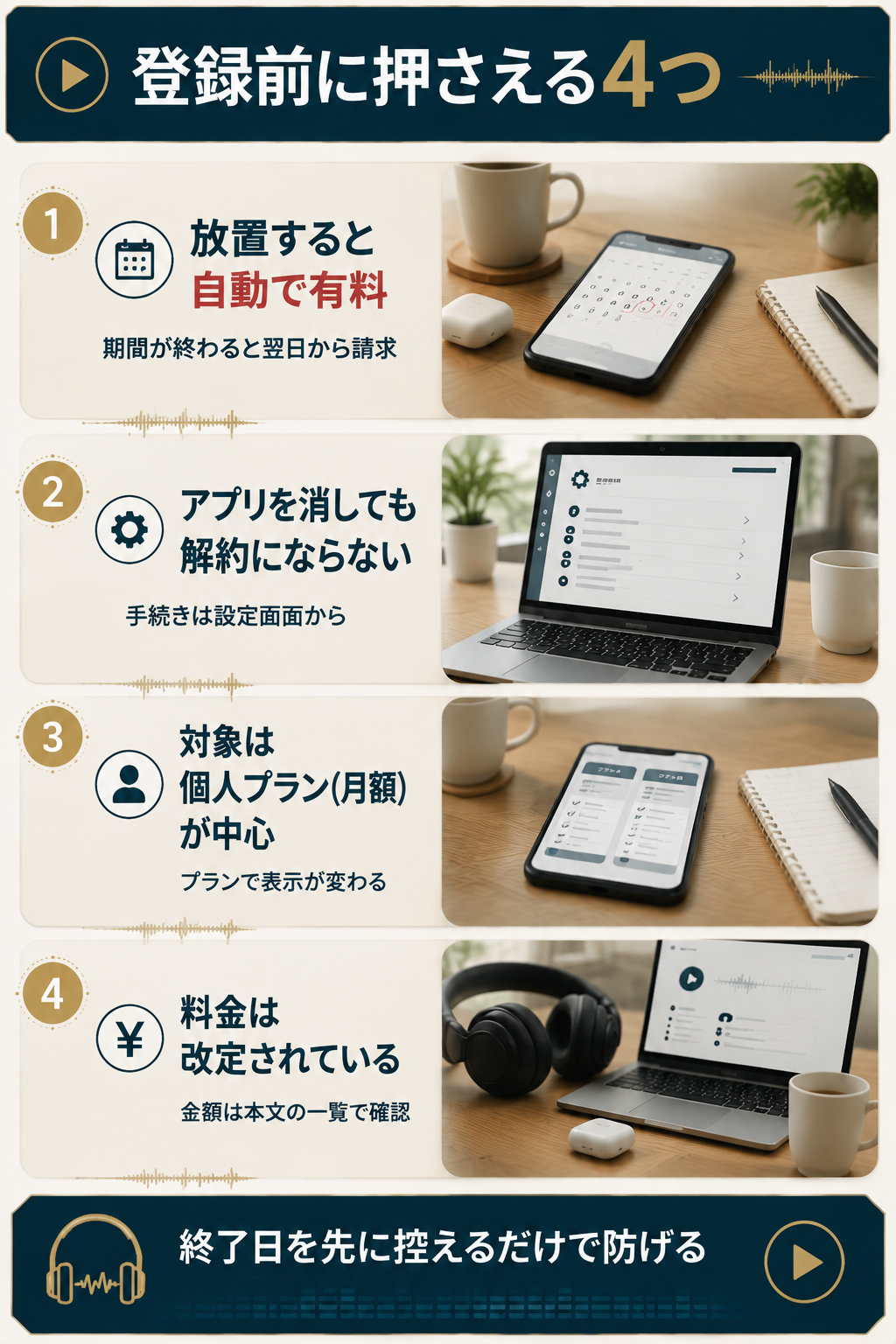 登録前に押さえる4つの注意点を並べた図解