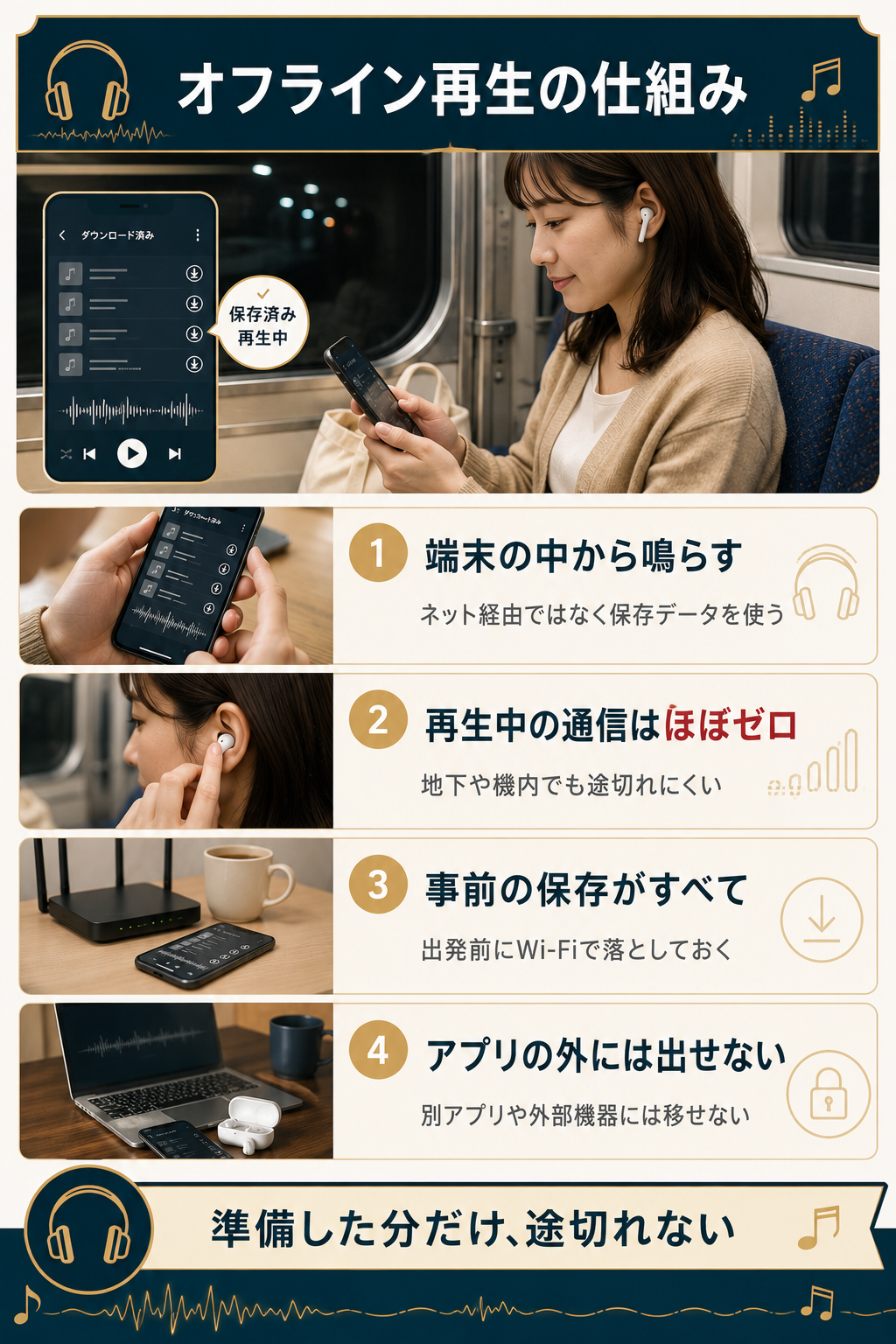 オフライン再生の仕組みを4項目で示した図