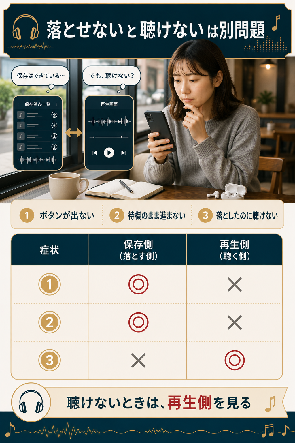 保存の失敗と再生の失敗を切り分ける対比図