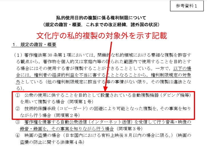 文化庁資料の私的複製の対象外を示す記載