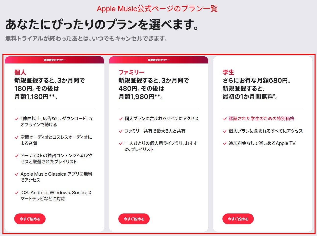 Apple Music公式サイトのプラン比較欄。個人・ファミリー・学生の月額が並んでいる