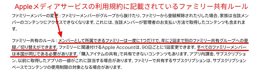Appleメディアサービス利用規約のファミリー共有の項。本国と切り替え回数の条件が示されている