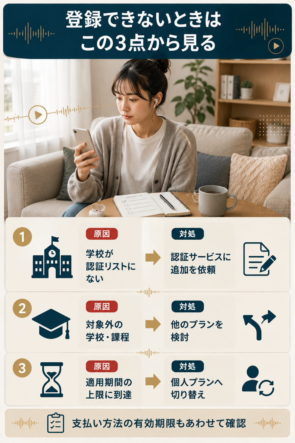 学割に登録できない原因3点と対処法を並べた整理図