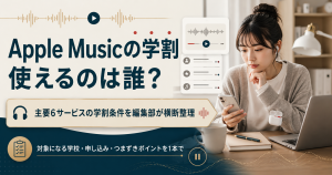学割の対象者を確認する学生と音楽アプリ画面のイメージ図
