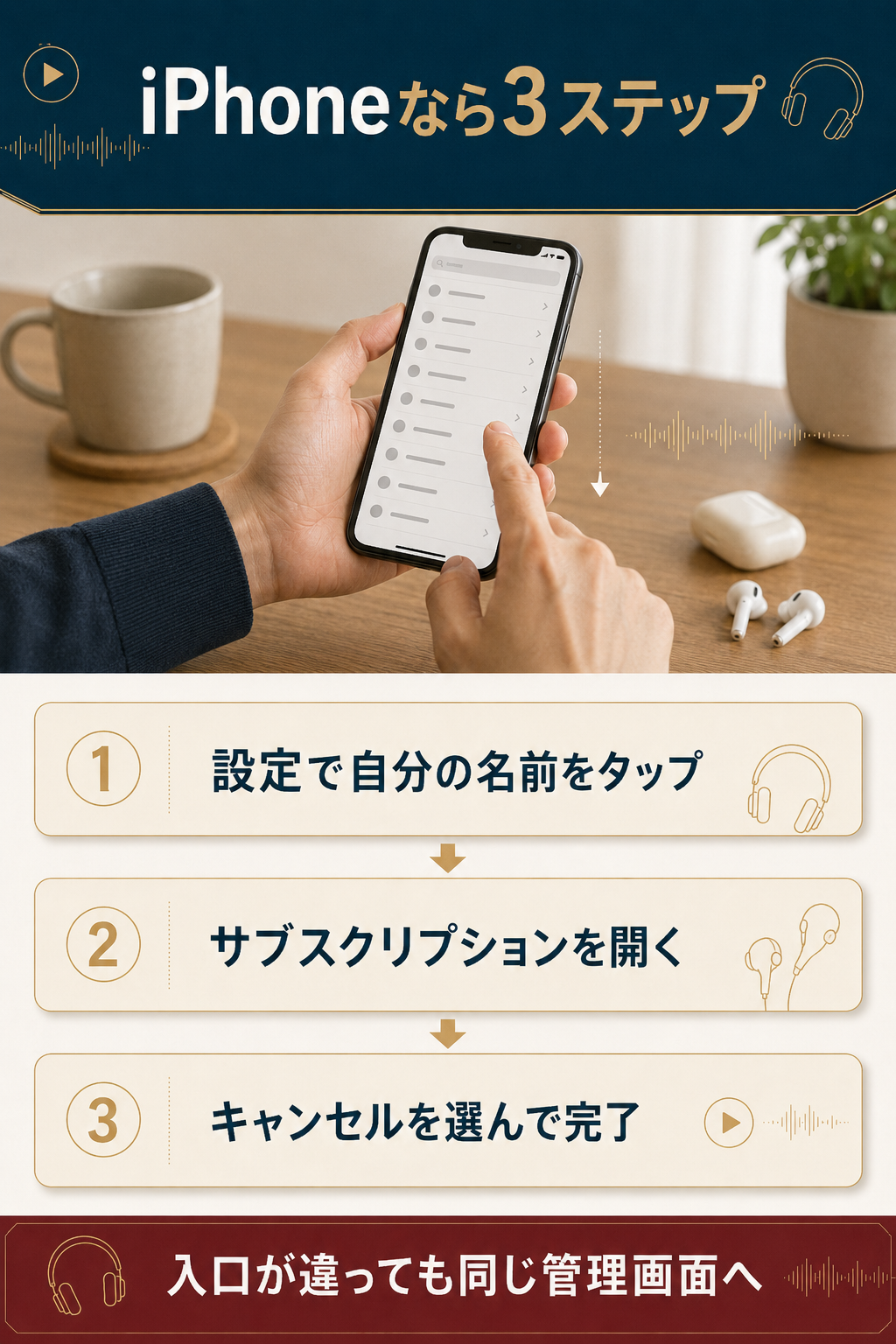 iPhoneで解約する3ステップの流れを示した図