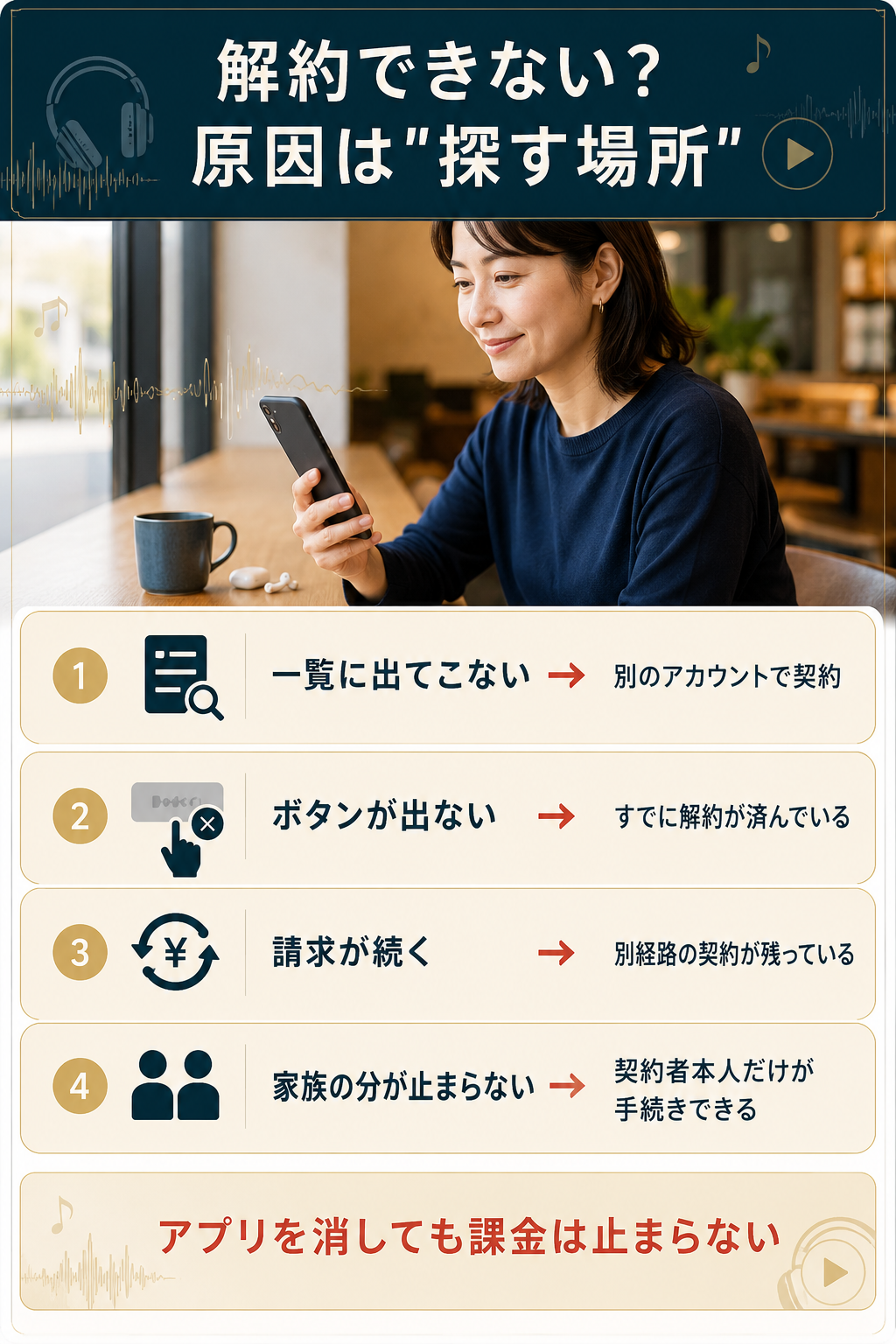 解約できない症状と原因を4つに切り分けた図