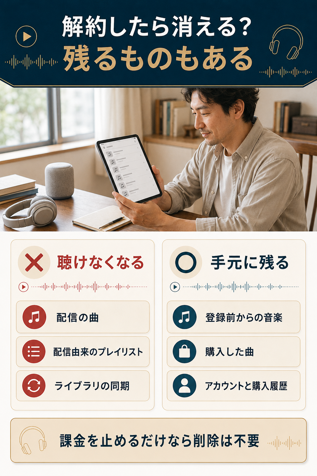 解約後に聴けなくなるものと残るものの対比図