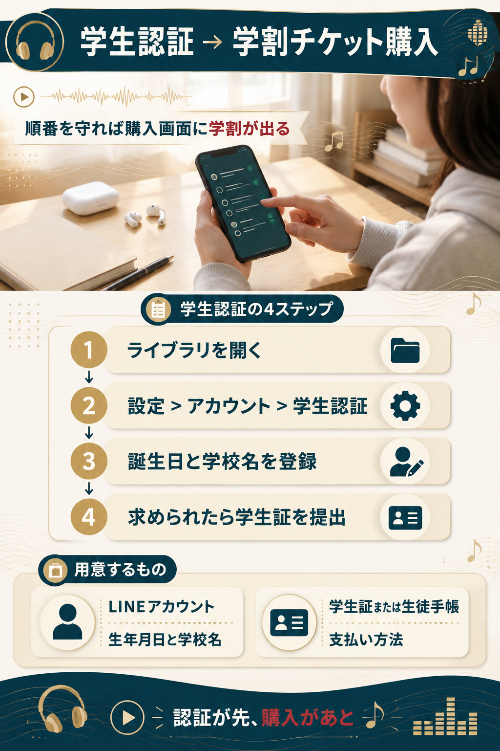 LINE MUSICの学生認証から学割チケット購入までの4ステップ図解