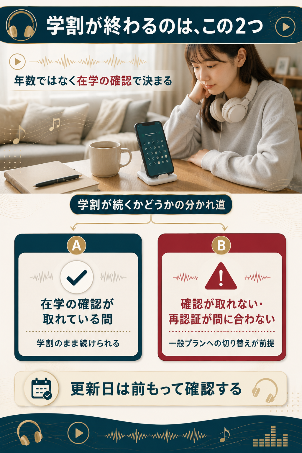 LINE MUSICの学割が続く場合と終わる場合を対比した図解