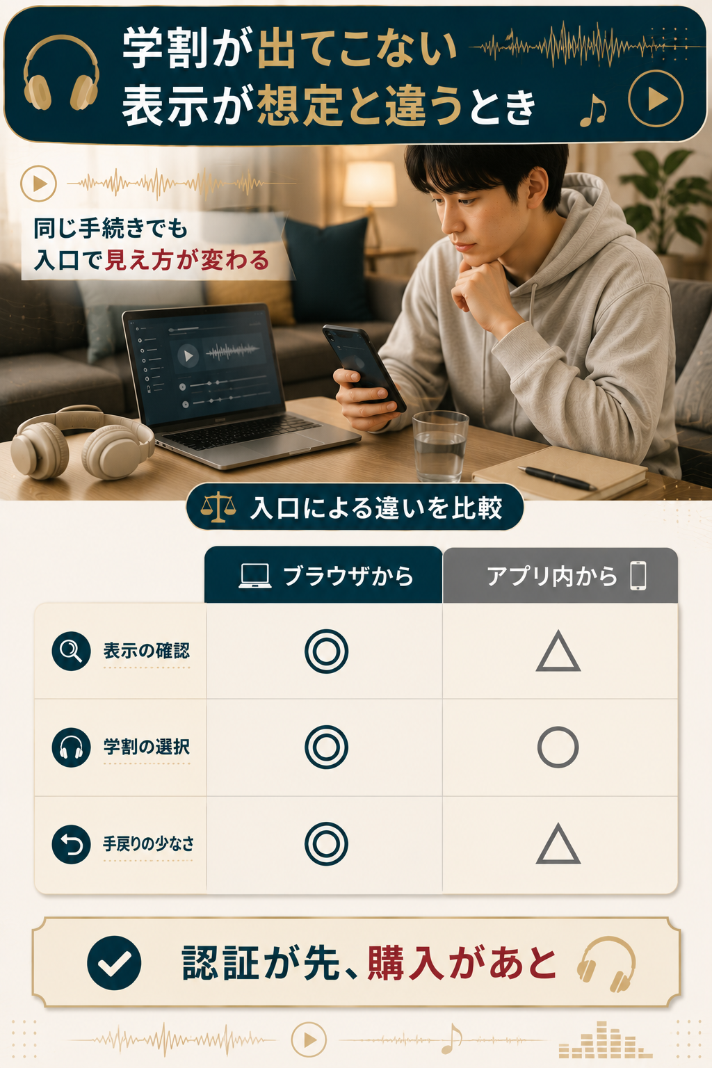 LINE MUSICの学割が表示されない原因を入口別に比べた図解