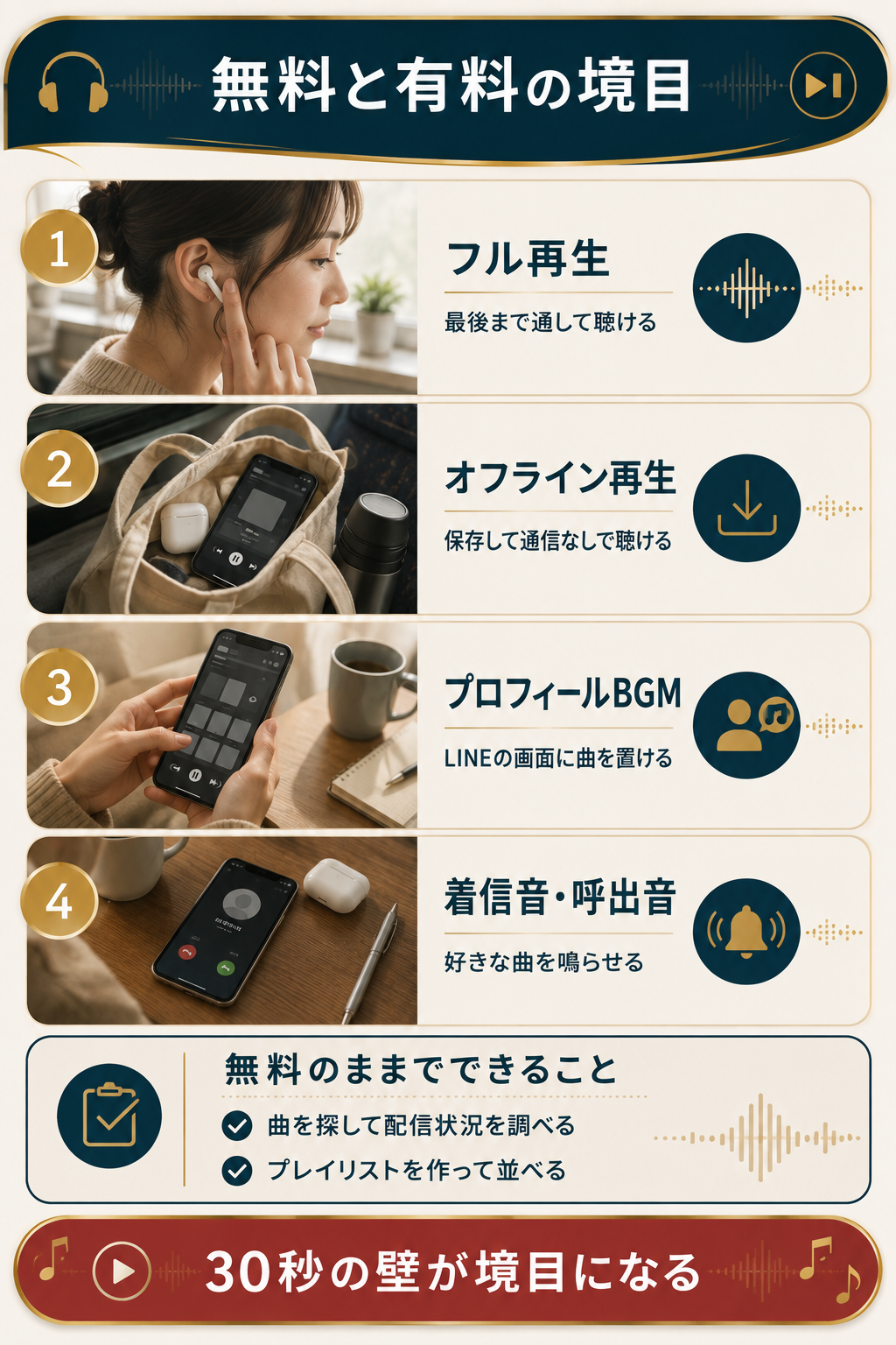 LINE MUSICの無料プランと有料プランの機能差の解説図