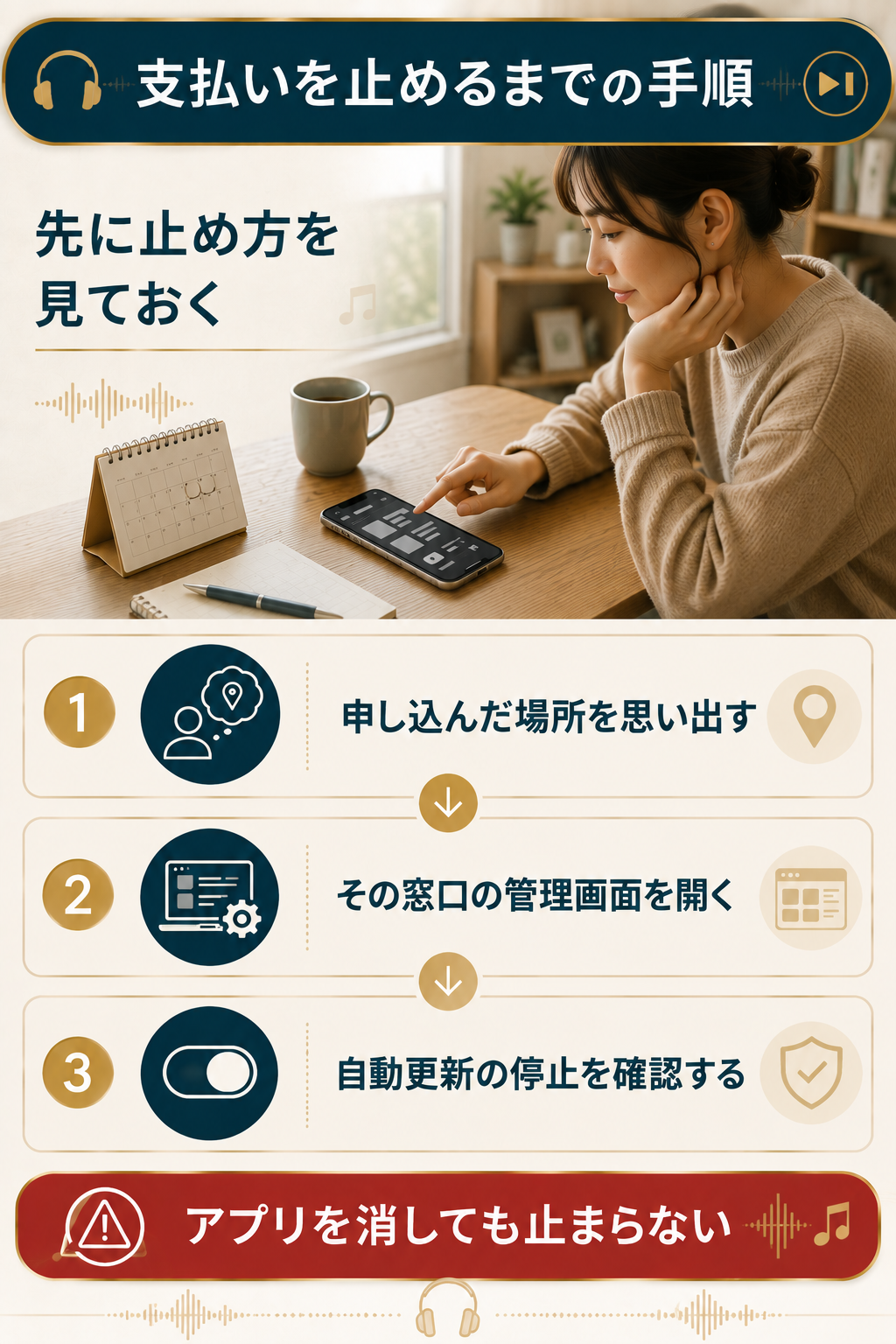 LINE MUSICの支払いを止めるまでの手順を示すフロー図