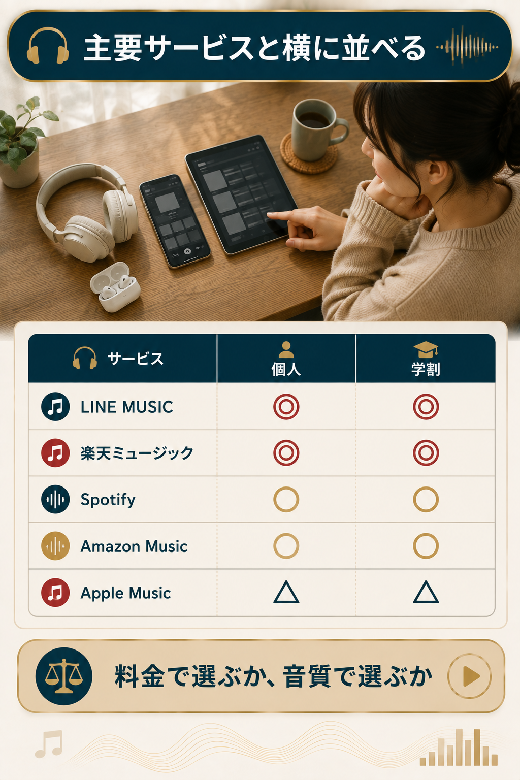 LINE MUSICと主要音楽サブスクの料金水準の比較図