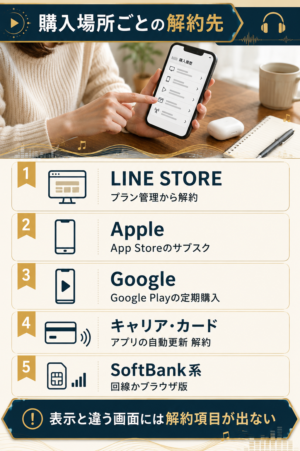 購入場所の表示ごとに解約先が5つに分かれる対応図