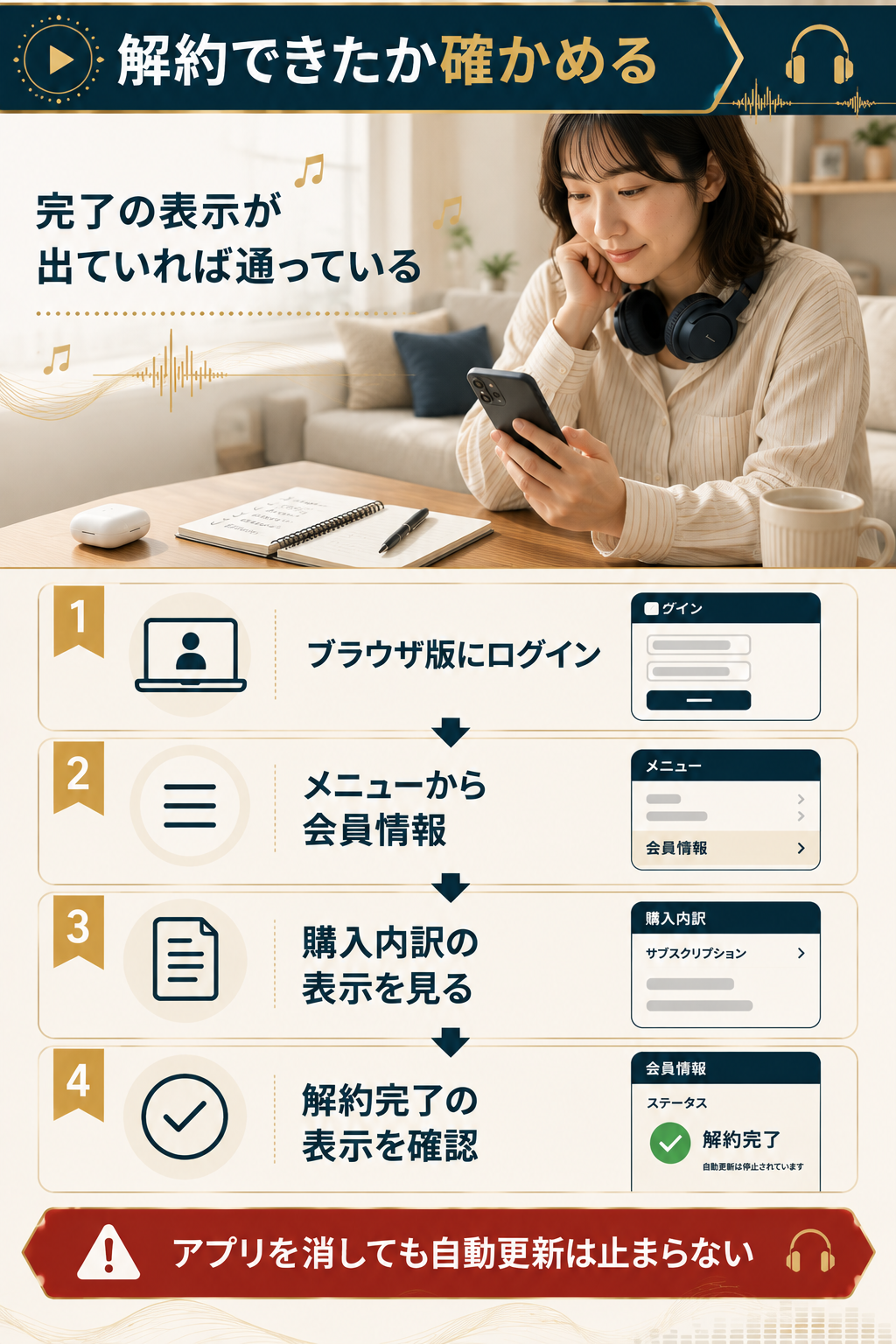 解約できたかをブラウザ版で確認する4ステップ図