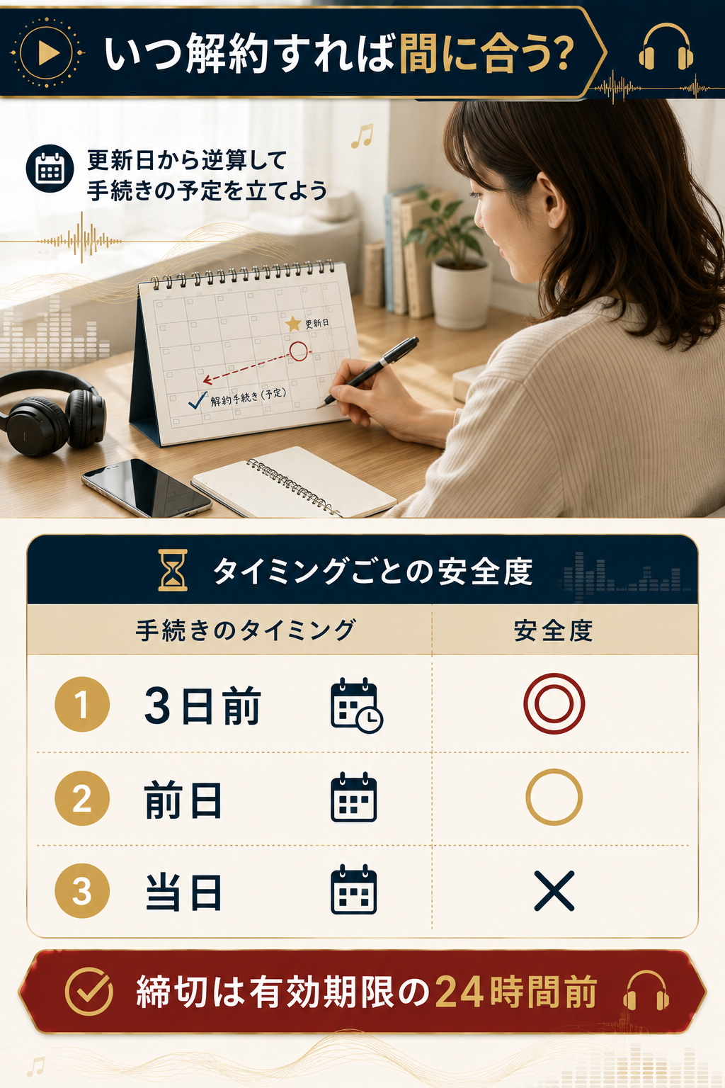 解約手続きのタイミング別に安全度を示した判定図