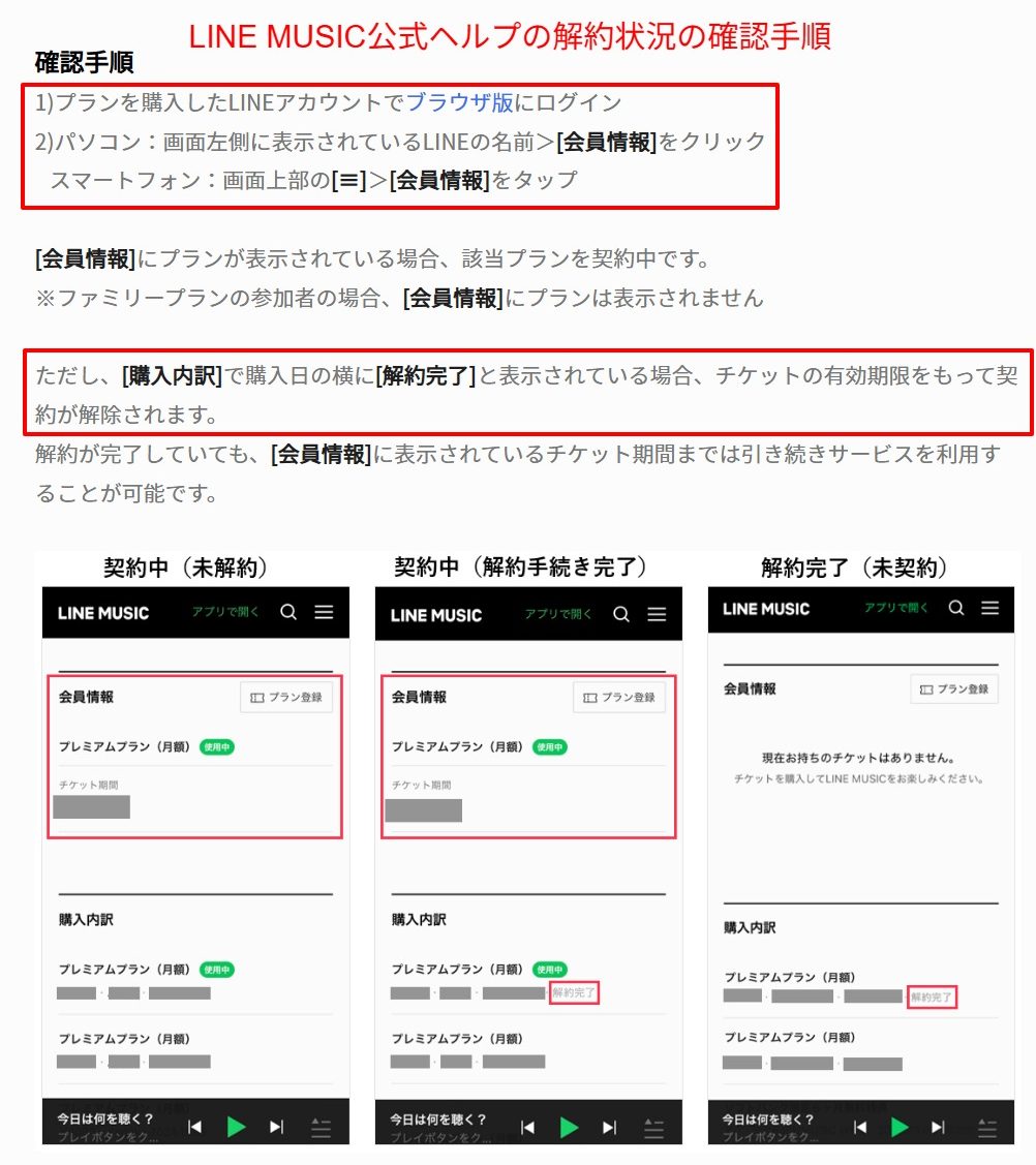 購入内訳に解約完了と表示される旨の公式ヘルプ記載