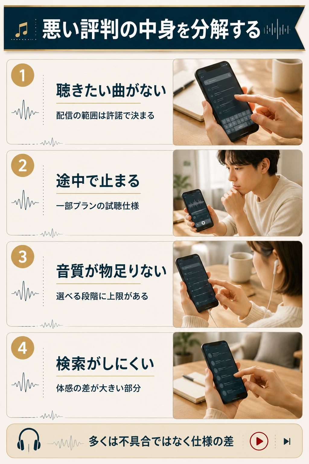 楽天ミュージックの悪い評判を4項目に分解した図解