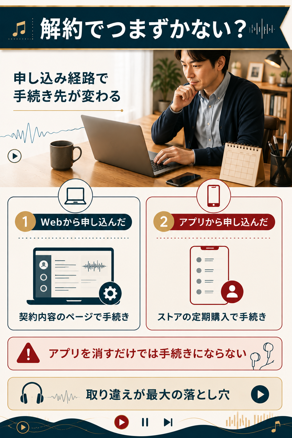 申し込み経路別に解約手続き先を対比した図解